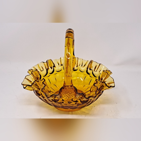 Fenton Amber Glass Thumbprint Basket With Ruffled Edge - Picture 3 of 5